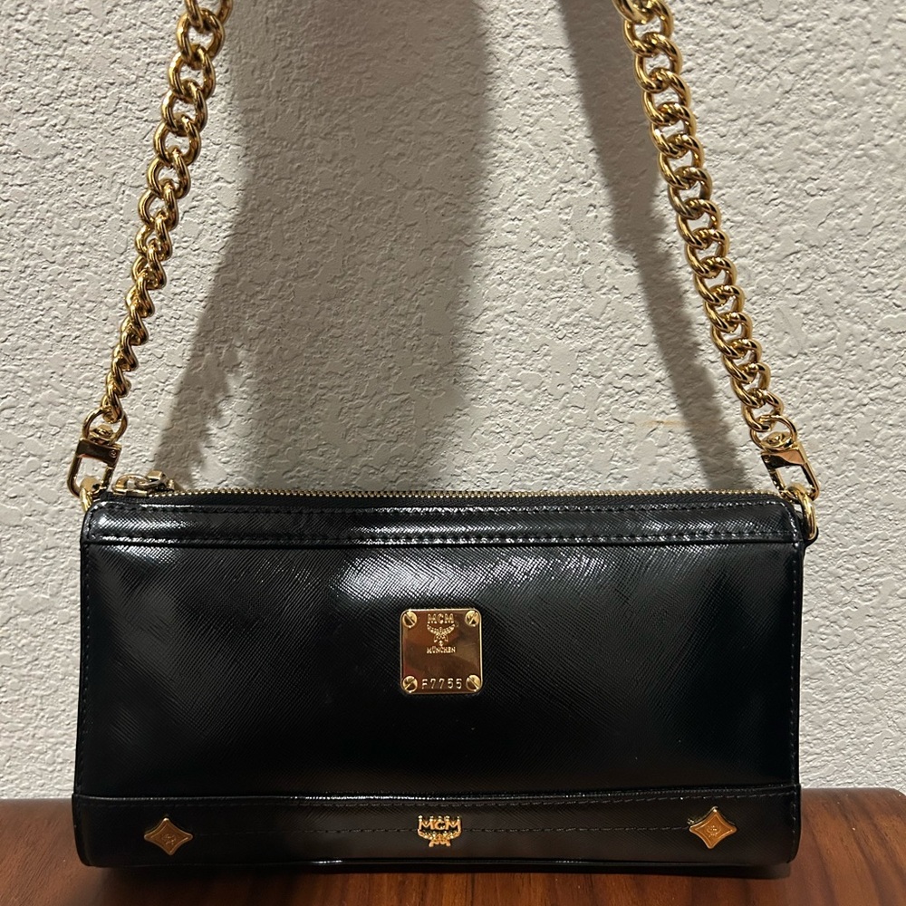 MCM Black Patent Leather Shoulder Bag with Gold Chain